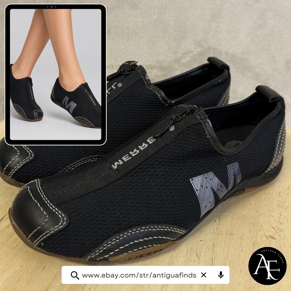Merrell Women Black Mesh Leather Zip Front Athletic Flats Shoes J73426 Size 7.5